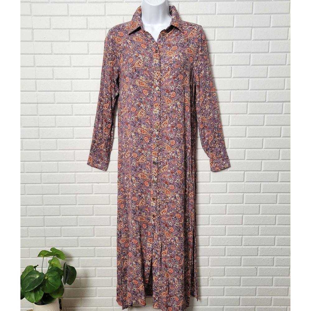Natural Life Maxi Dress Duster XS Purple Paisley Crinkle Gauze Boho Western